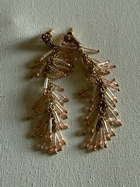 NEW Nordstrom Pink Crystal Chan Gold-Tone Earrings with Light Pink Beaded Fringe